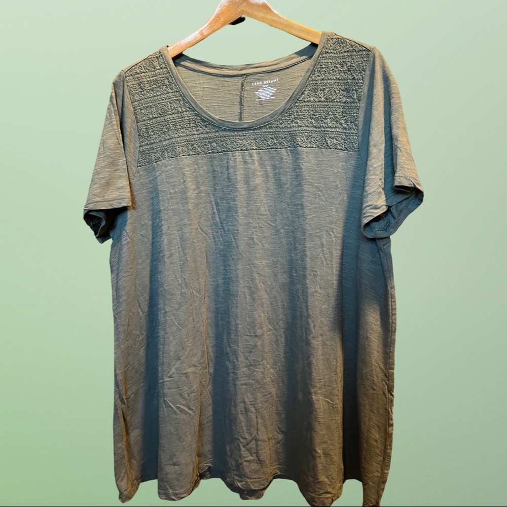 Lane Bryant Plus Size Olive Green Embroidered Short Sleeve Top